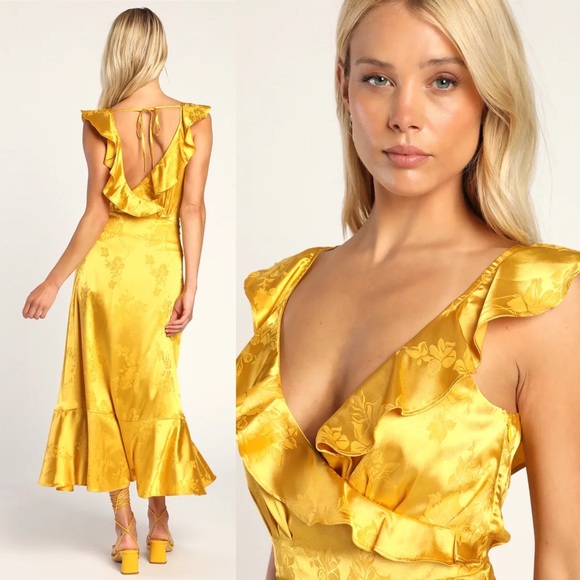 Golden Yellow Satin Floral Jacquard Faux-Wrap Midi Dress 🌿 - Picture 2 of 10
